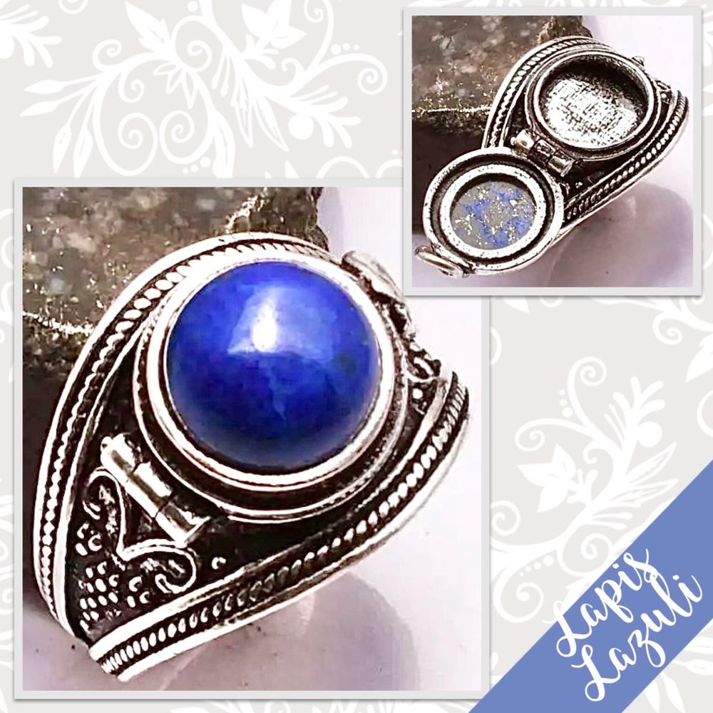 Lapis Lazuli Eclectic Silver Poison Ring, Size 8.5 (Royal Blue)